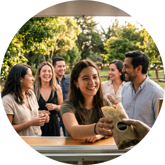 Personas compartiendo y disfrutando Yuyupa en un evento